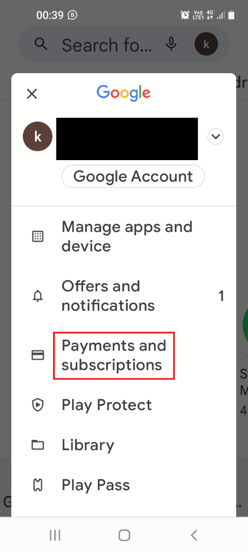 Tap on the Payments and subscriptions tab in the list