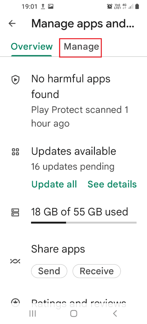 Move to the Manage tab