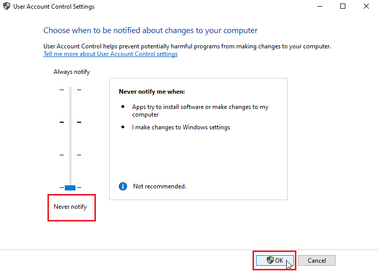 disable user account control by sliding the slider all the way down