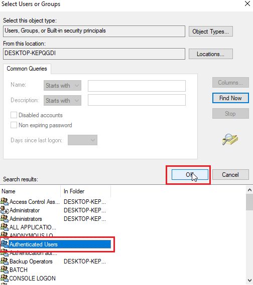 select authenticated users and click on ok