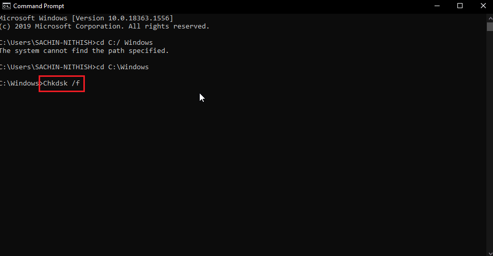 enter chkdsk f command
