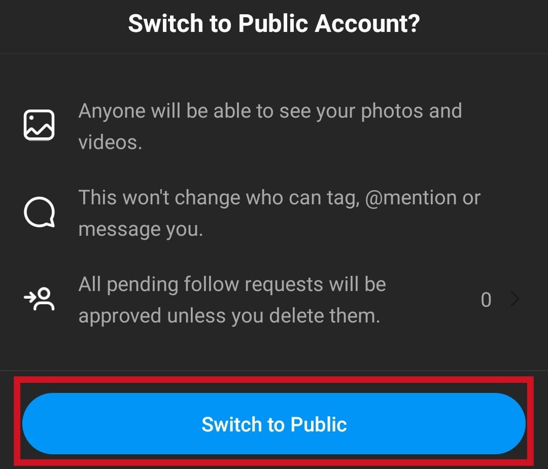 Tap on the Switch to Public button to confirm the switching