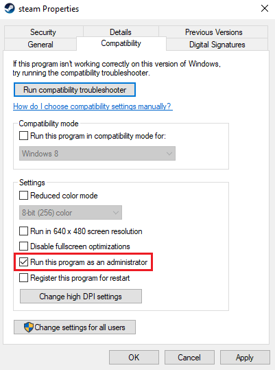 check the box for Run this program as an administrator