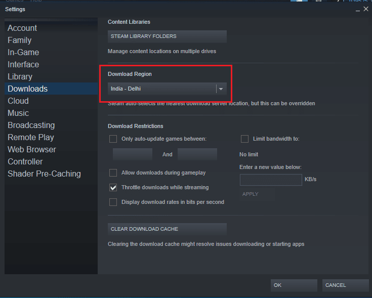 Under the Download Regio change the region to a different location. Fix CS Go Update Download Error
