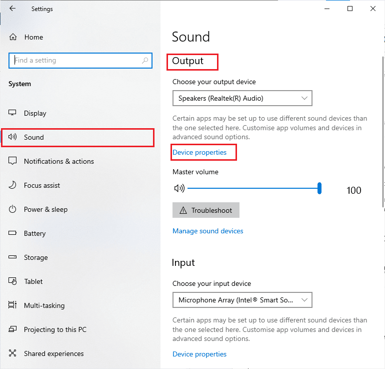 click on Sound and click on Device properties under the Output menu 
