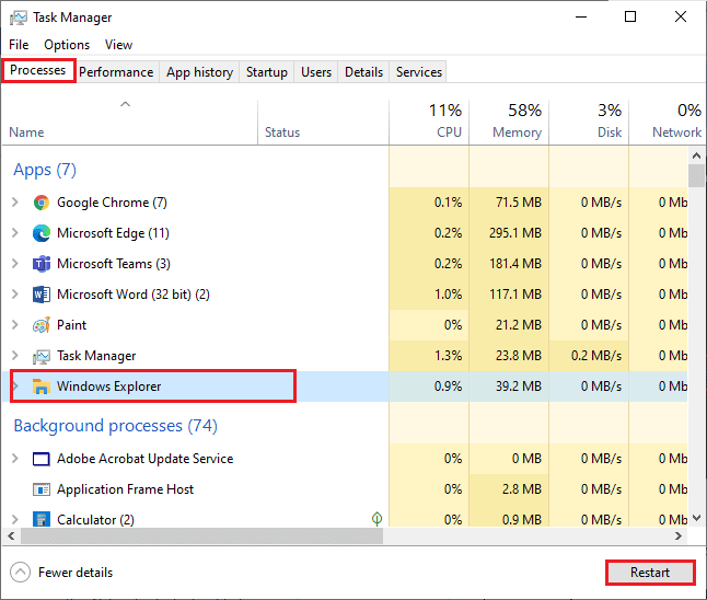 click on Windows Explorer and select the Restart option