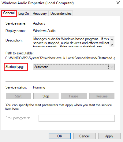 If the Service status is Stopped then click on the Start button
