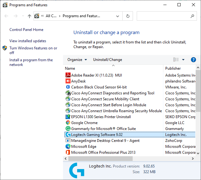 click on Logitech gaming software and select Uninstall option 