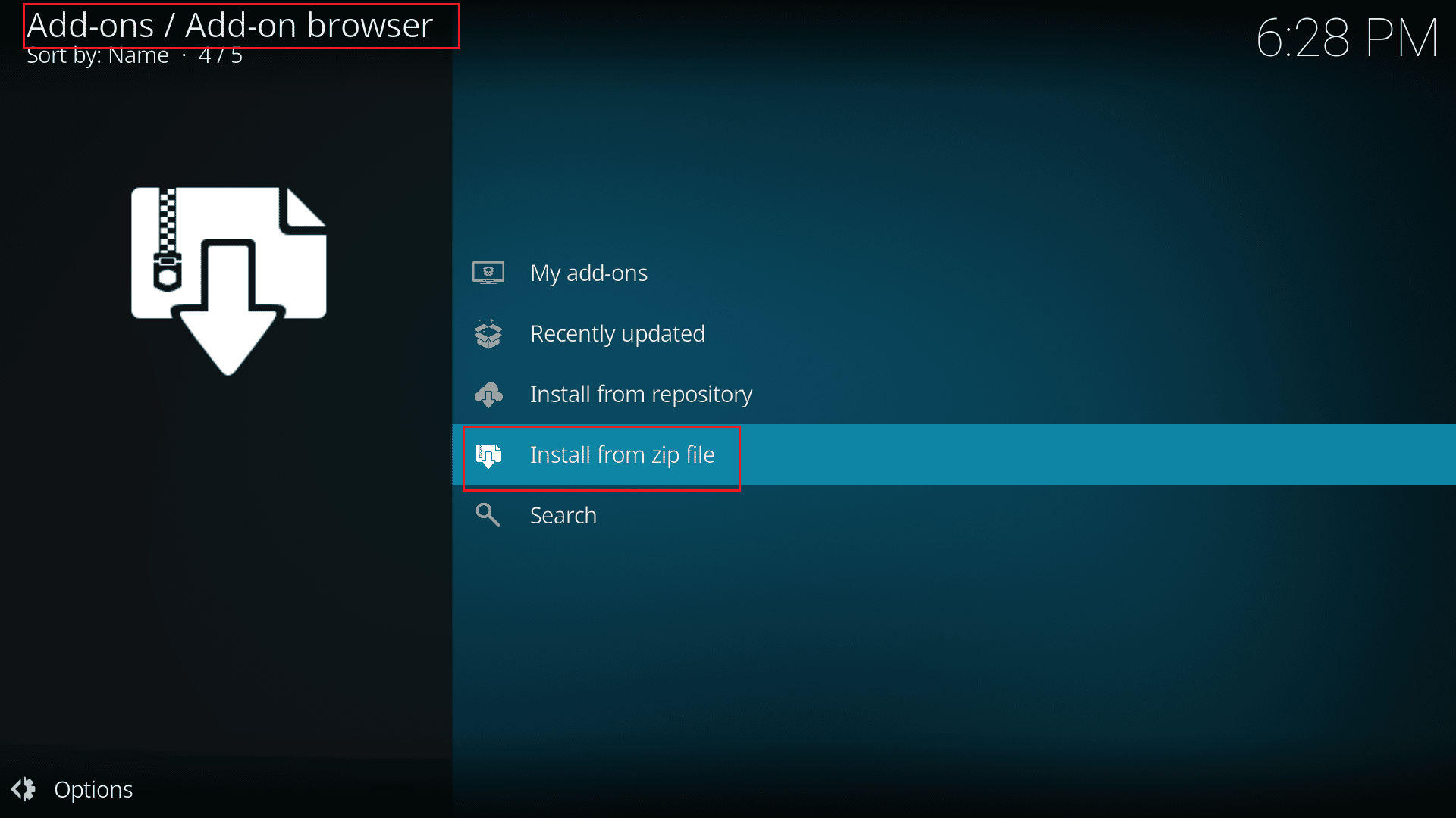 go to add on browser and click on install from zip file option