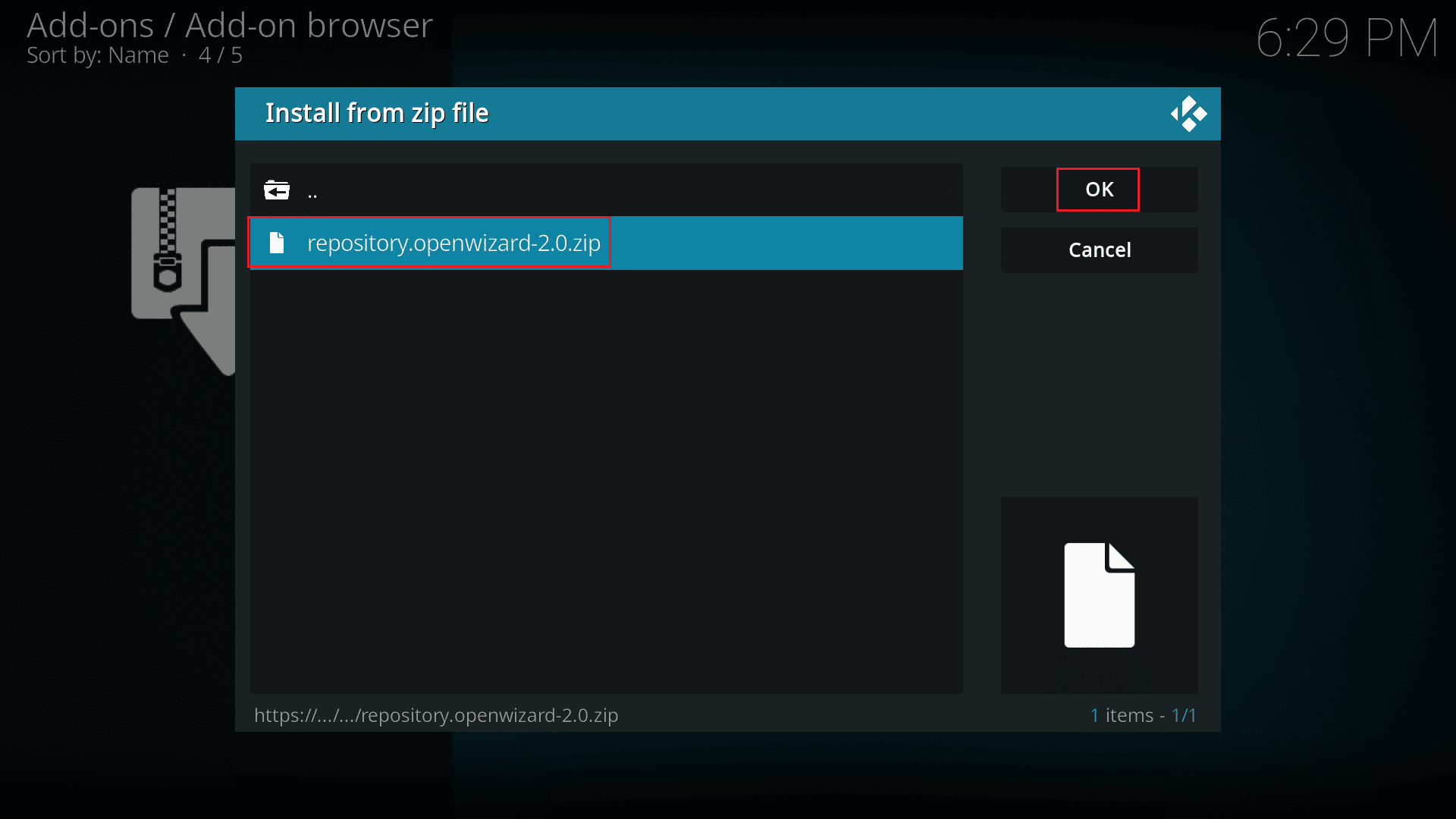 select the repository openwizard zip file and click on OK