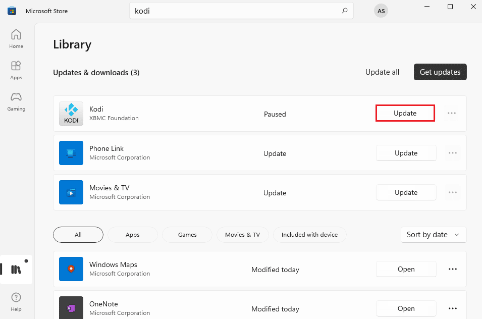 update kodi app in Microsoft Store