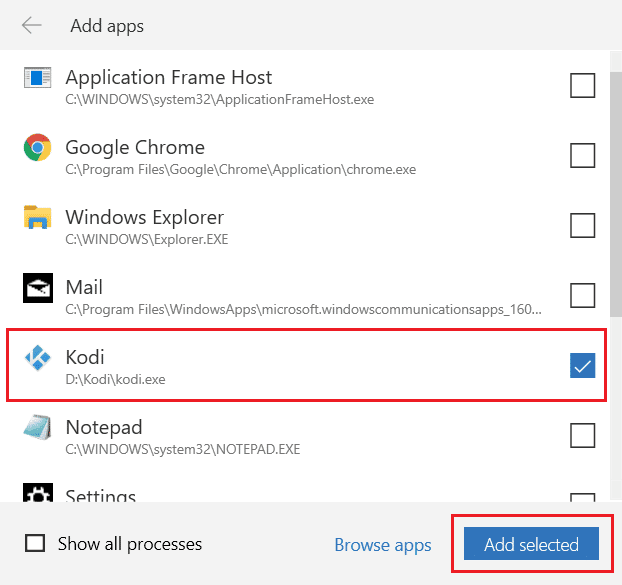 check kodi app and click on add selected button to add apps for split tunnelling in nord vpn