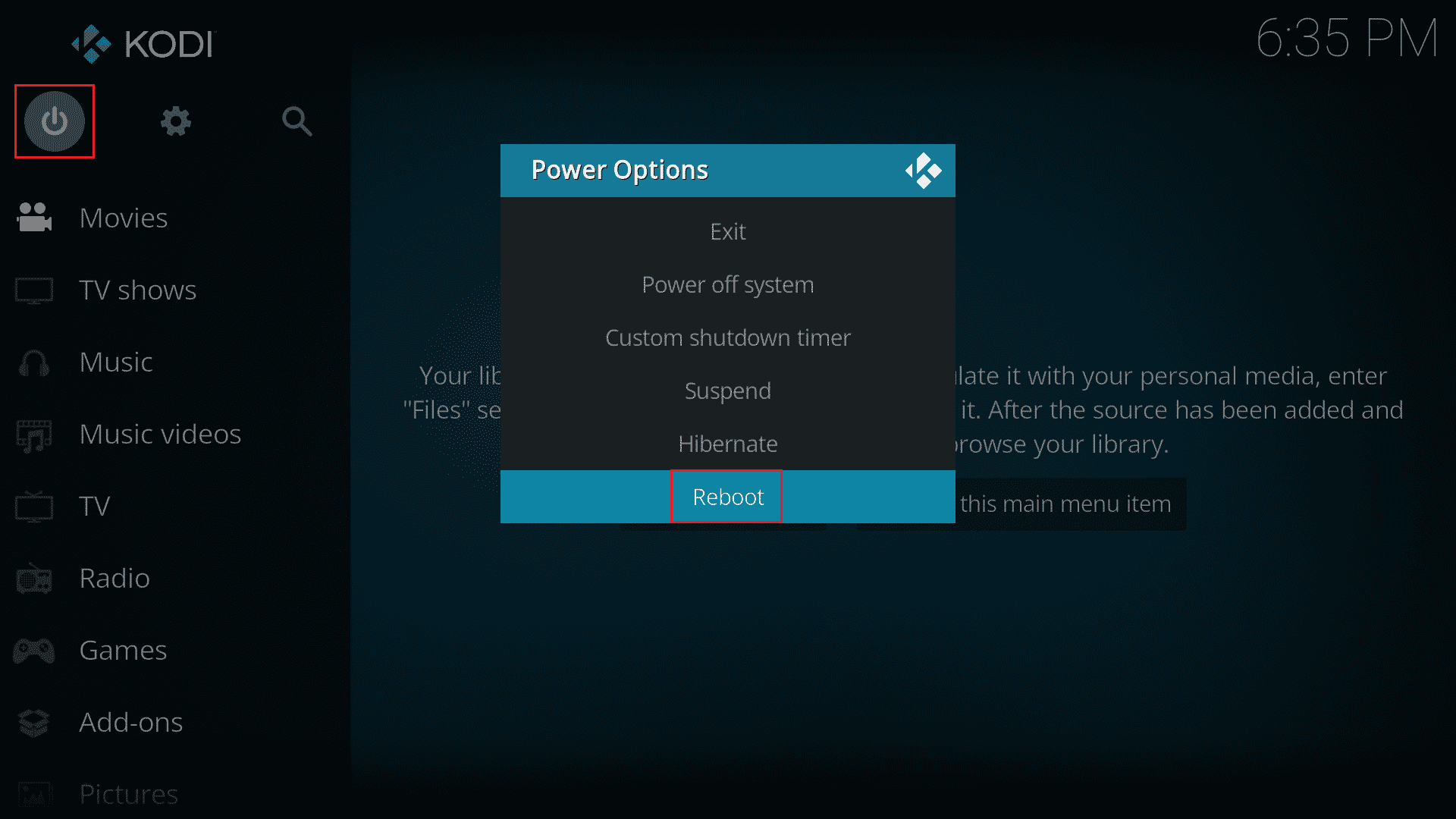 click on power icon and select reboot option