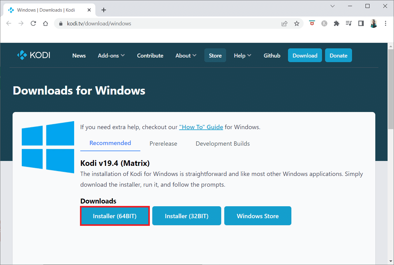 Go to the Kodi download page and click on the Installer 64BIT button 
