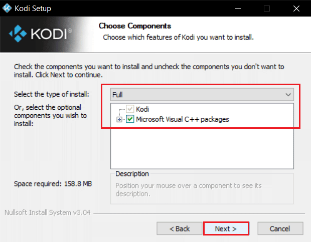 select type of installation and click on next in kodi installer window