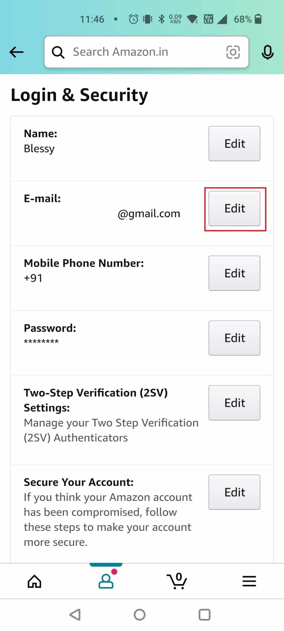 tap on Edit next to your Email ID | How to Delete Your Amazon Account