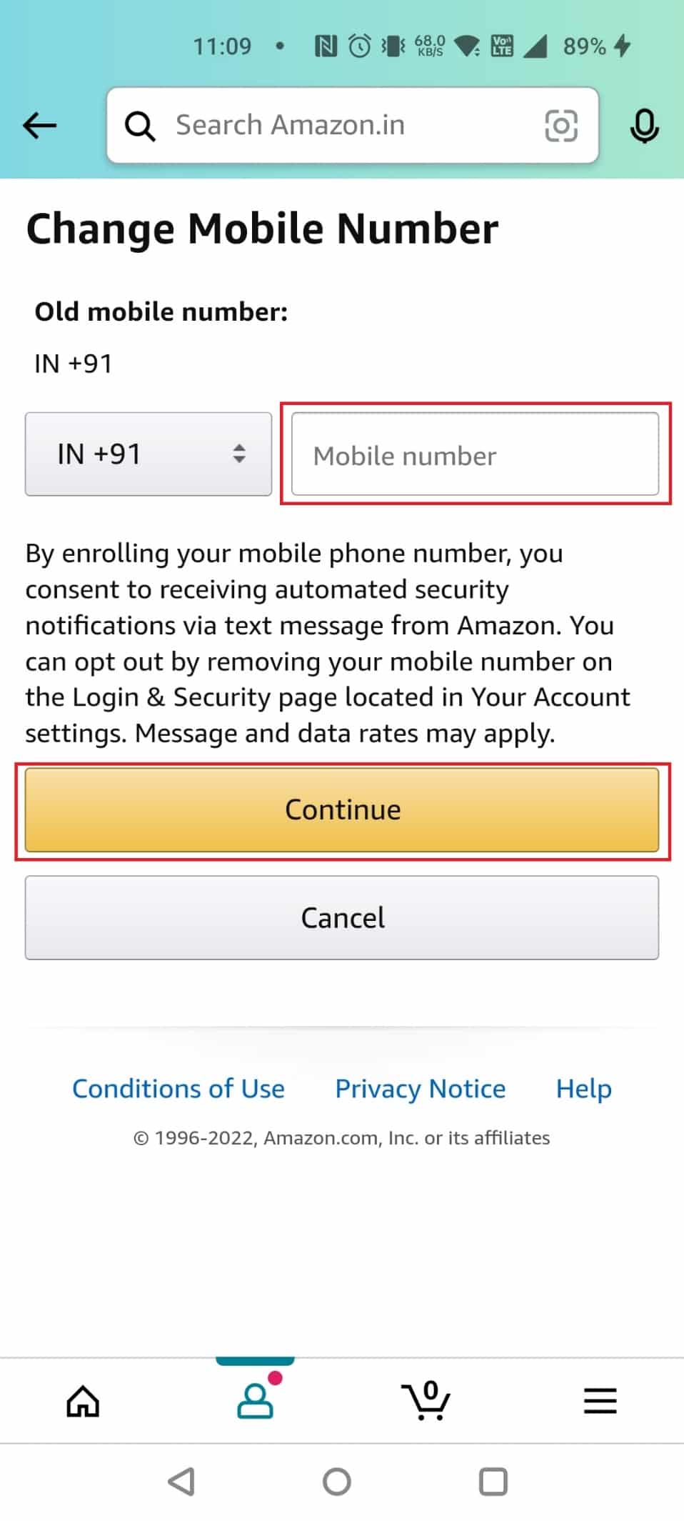 Enter the New phone number and tap on Continue