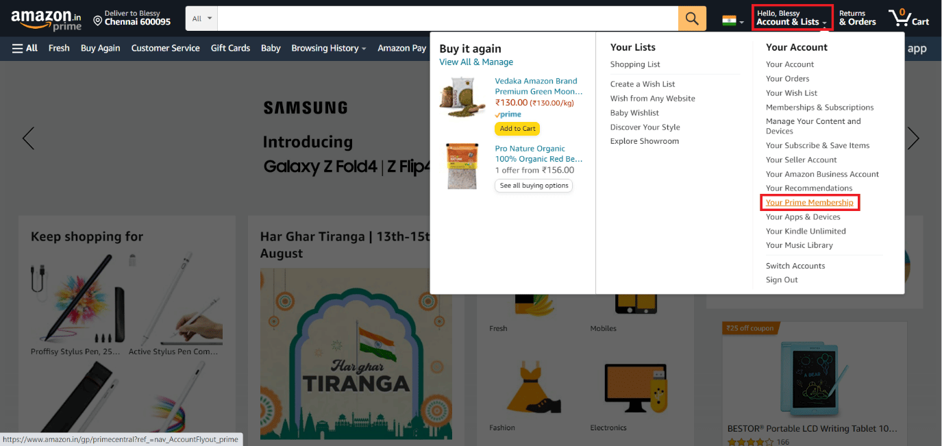 Hover over Accounts and Lists and select Your Prime Membership | How to Delete Your Amazon Account
