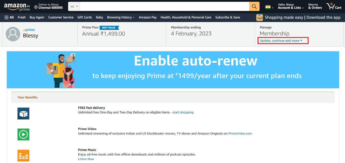 Click on Update, continue and more under Manage Membership