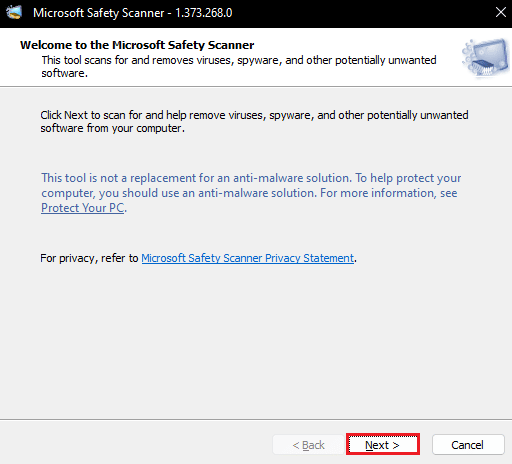 click on Next in Microsoft Safety Scanner