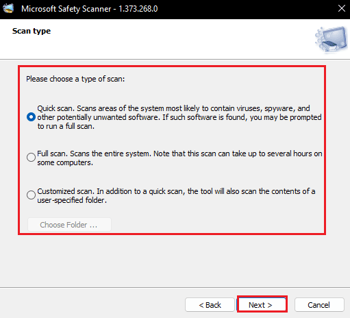 choose type of scan and click Next in Microsoft Safety Scanner