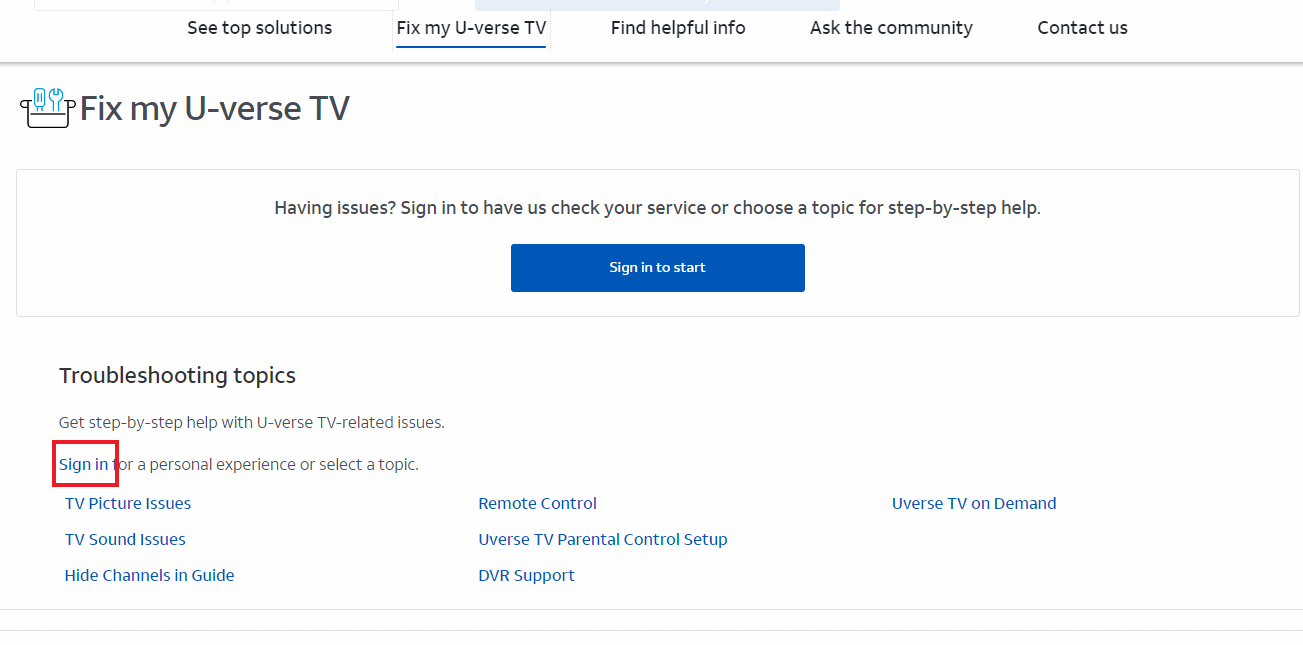 Click on Sign in. Fix Uverse Code 0 Failed to Load Resource
