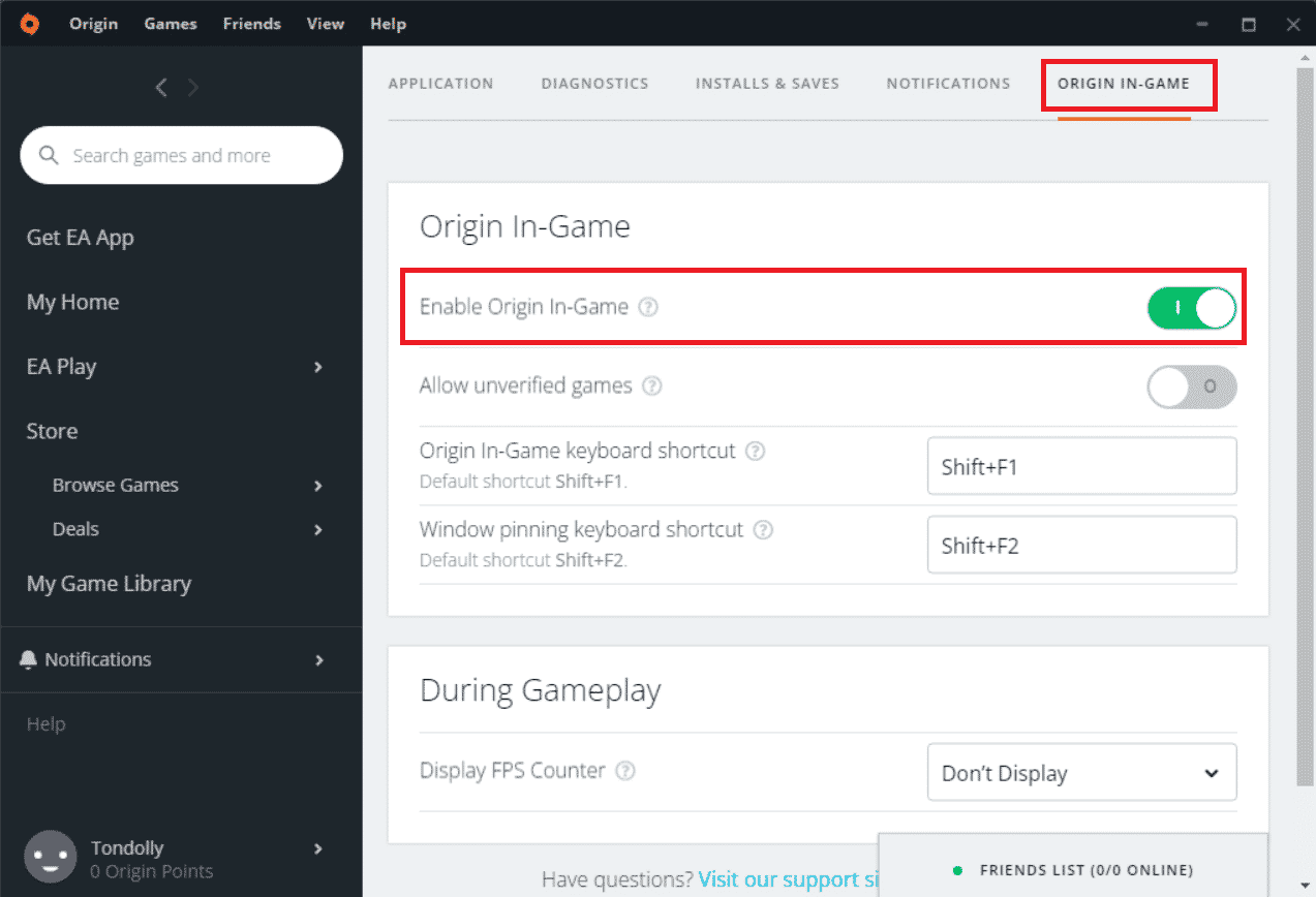 Toggle off the Enable Origin In Game