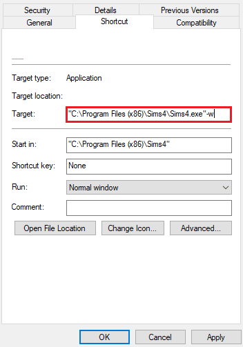 Open the Shortcut tab and add a w in the Target bar. Ways to Fix Sims 4 Unable to Start Video Card