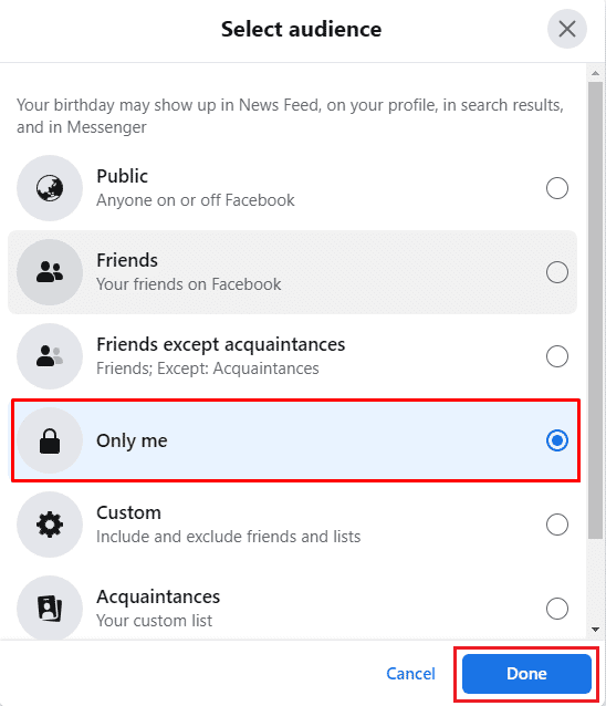 Click on the people icon - Only me - Done | What Happened to Birthdays on Facebook? | turn On/Off Facebook notifications