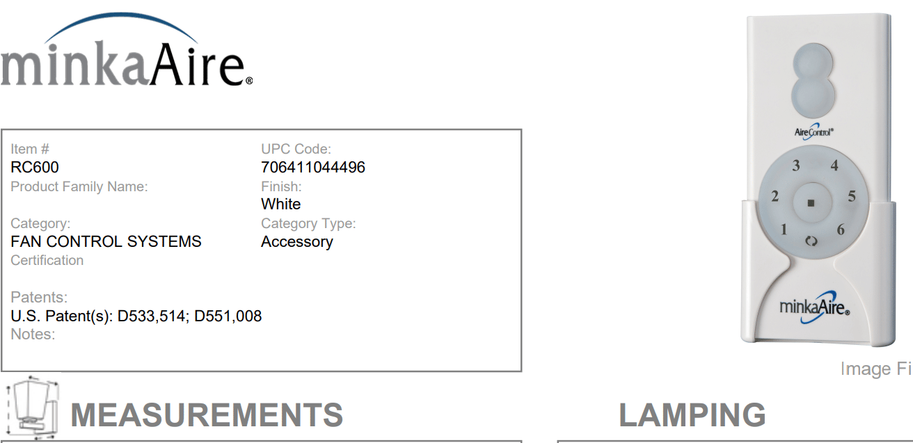 Minka Aire remote control RC 600 product specifications manual