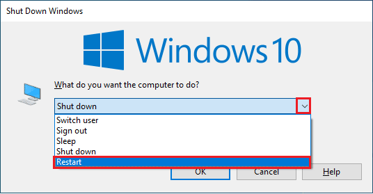select Restart option from the drop down menu and hit Enter