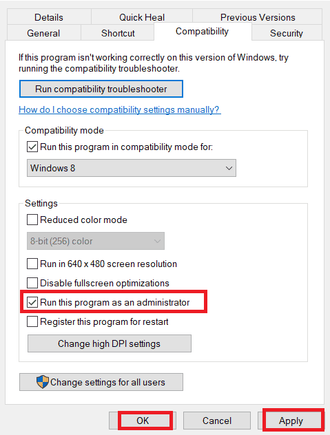 check the Run this program as an administrator option under the Settings section