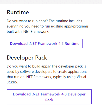 Do not click on Download .NET Framework 4.8 Developer Pack