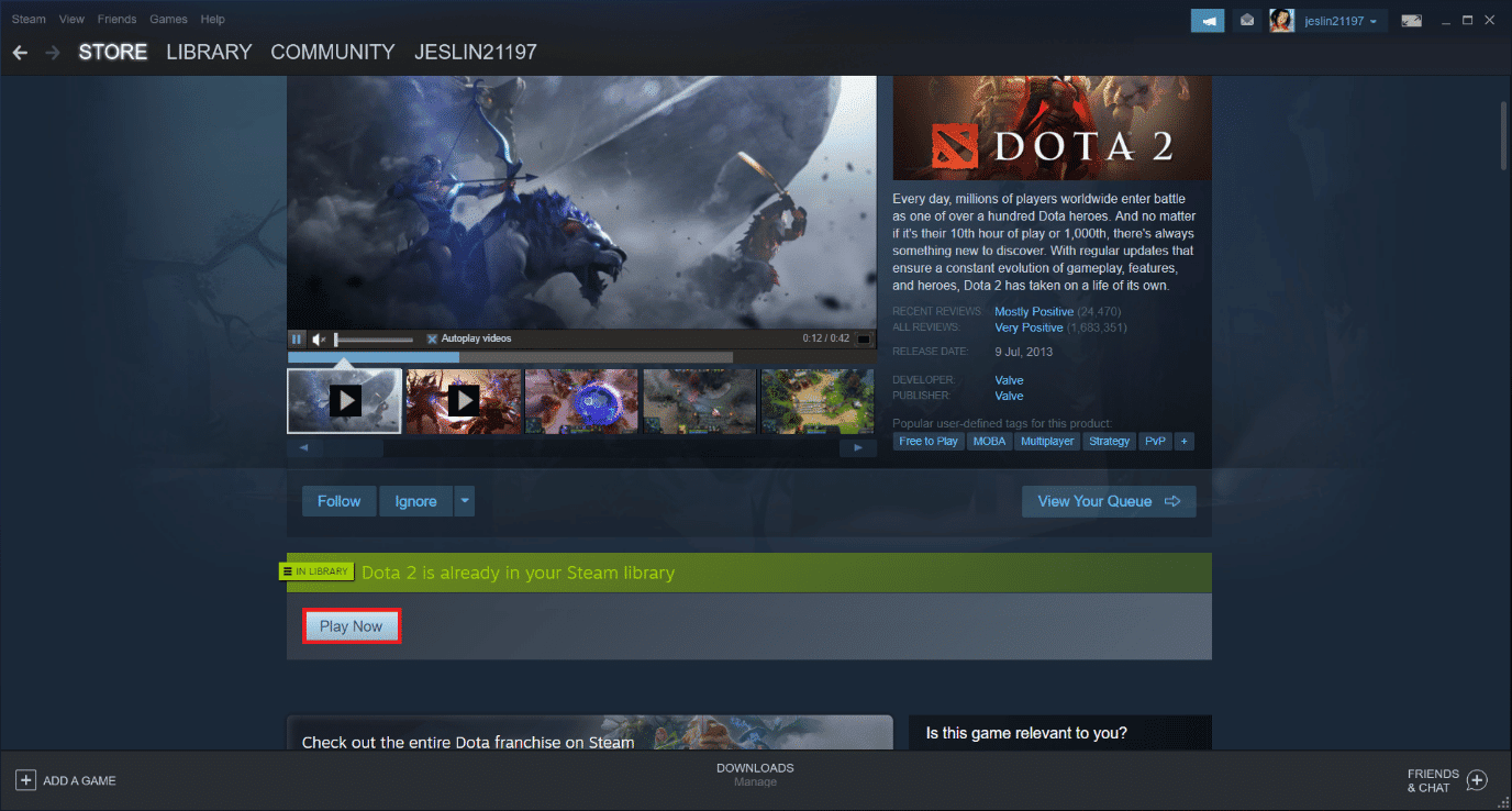 Click Play Now to install the game. Fix Dota 2 Not Responding in Windows 10
