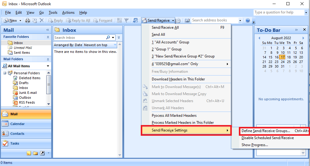 Navigate to Send Receive Settings and click on Define Send Receive Groups…