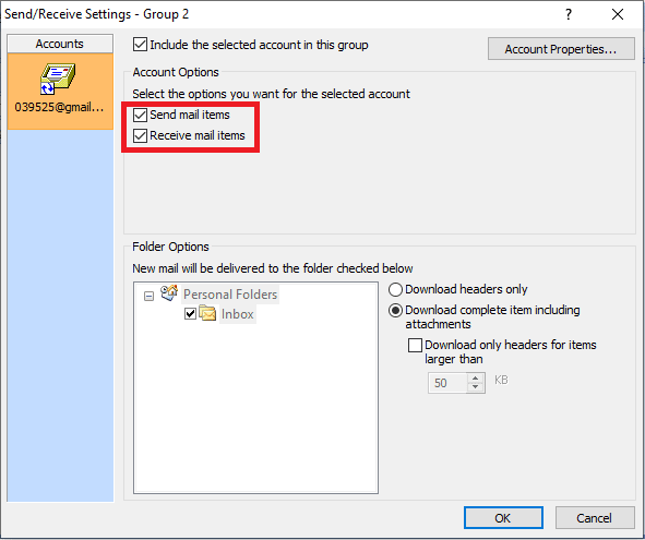In Account Options ensure to check the boxes before Send mail items and Receive mail items