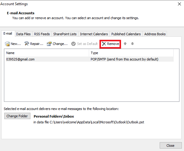 Click on the Remove button | How to Delete Outlook Account