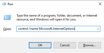 In the Run prompt type control name Microsoft InternetOptions command