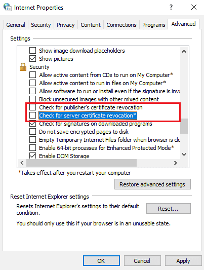 Locate and uncheck the Check for Publisher s certificate revocation and Check for server certificate revocation