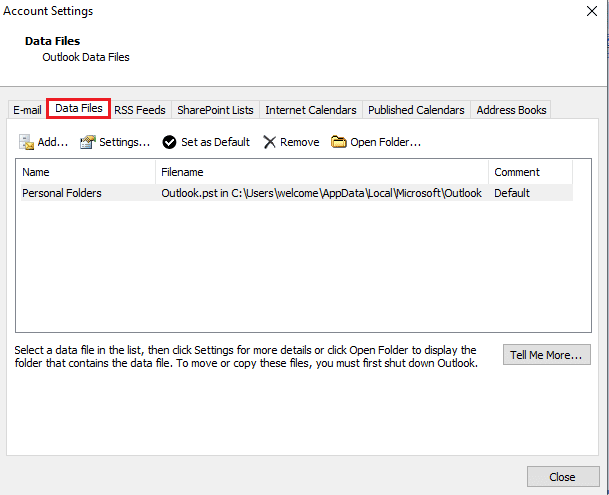 Navigate to the Data Files tab