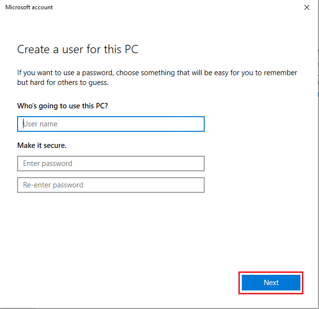 Enter credentials in Create an account for this PC and click Next. Fix Outlook Error 0x8004102a in Windows 10