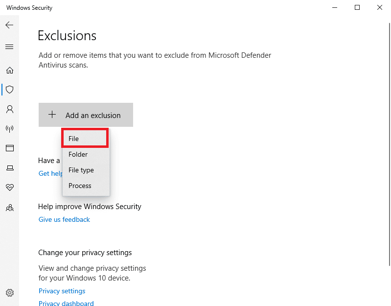 Click on the Add an exclusion button and select File