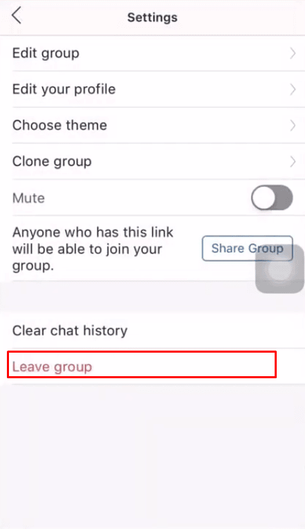 Under the Settings menu, scroll all the way down till you locate the Leave Group option and then tap on the Leave group option.