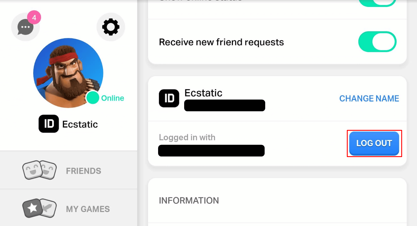 Tap on LOG OUT, followed by CONFIRM
