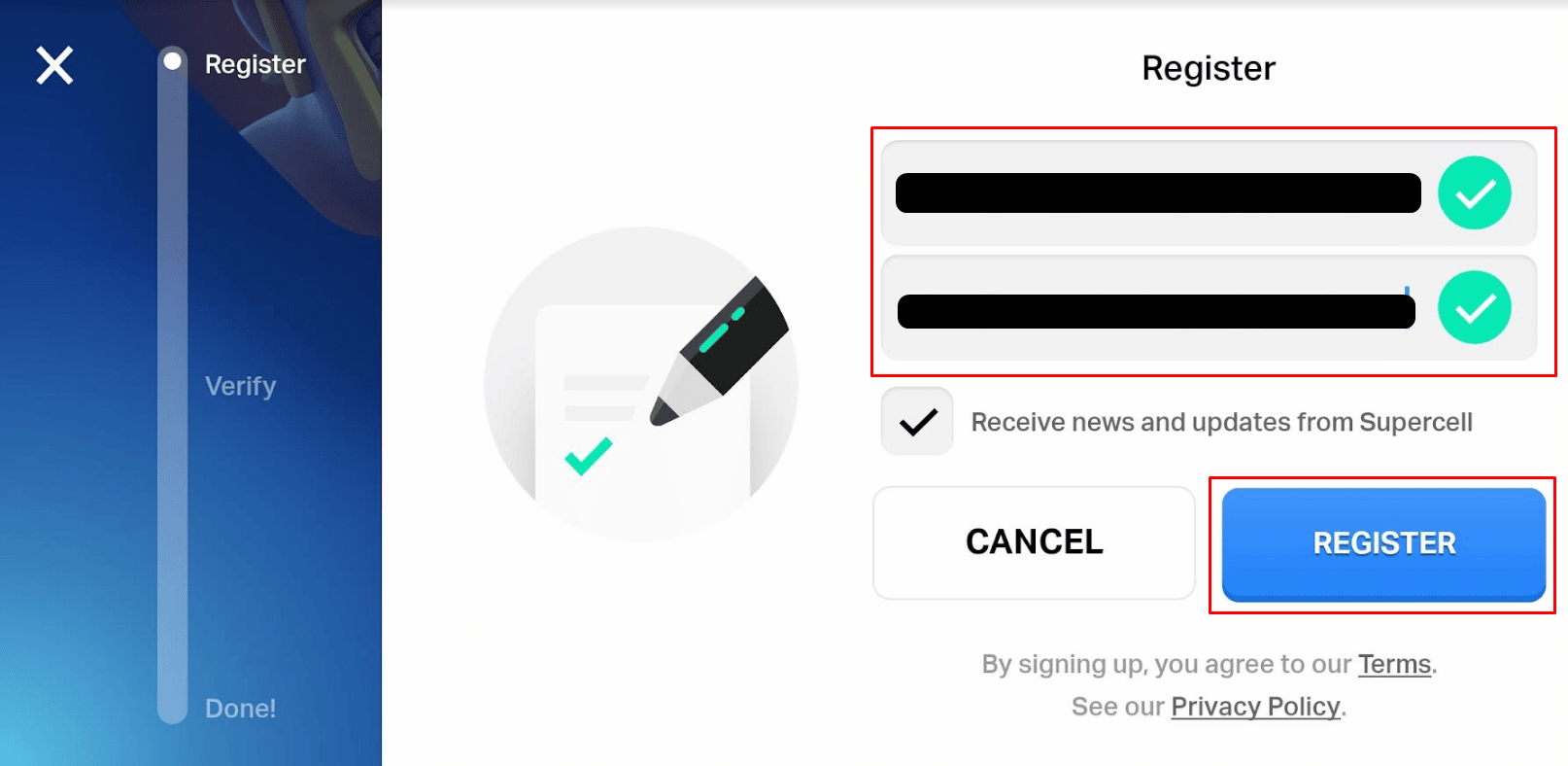 Enter new login credentials and tap on REGISTER