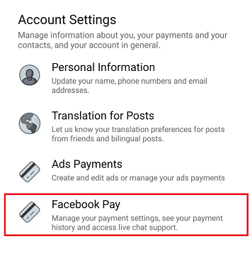 Navigate Facebook Pay under Account Settings and tap on it.