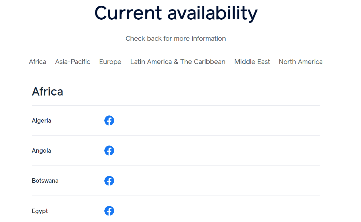 Facebook Pay availability page