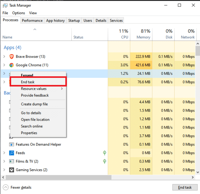 Click on End task