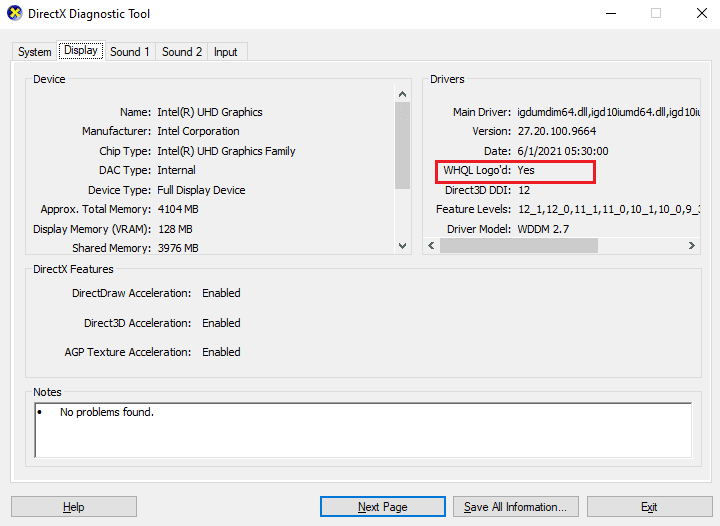 check whether WHQL Logo d is set to Yes