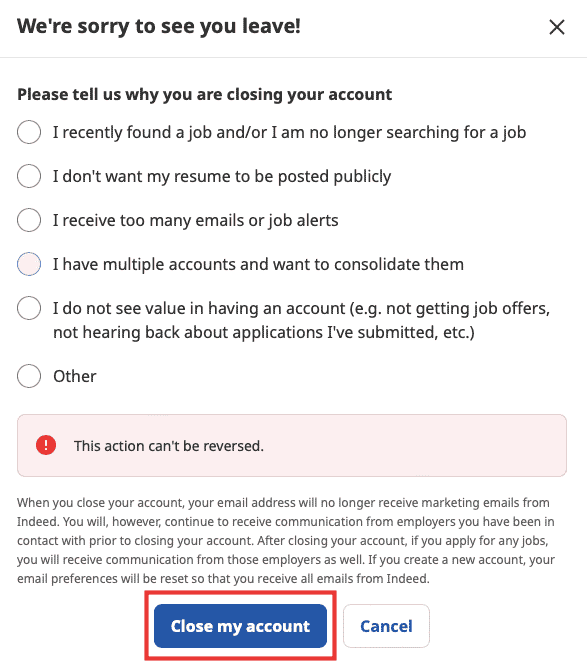 select one of the reason and click on close my account